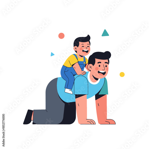 Joyful children sharing a playful piggyback ride on a man's back in a cheerful cartoon scene