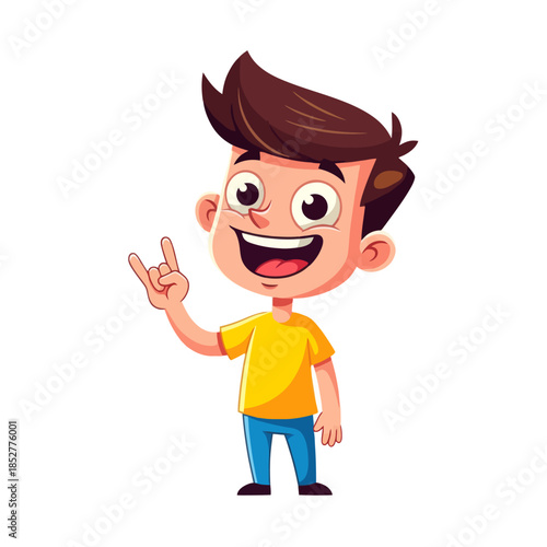 Colorful Cartoon Boy Character with Spiky Hair Expressing Excitement and Playfulness in a Vibrant