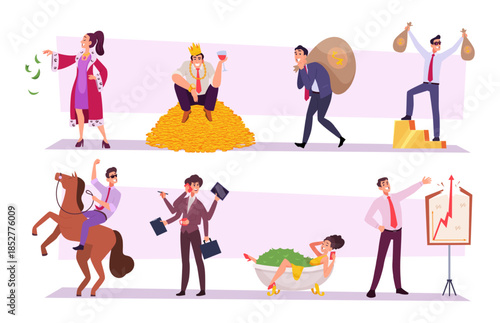 Investment. Business characters in different poses making money investment exact vector business concept illustrations