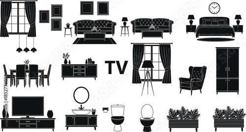 Home interior furniture vector set featuring living room sofa, bedroom decor, dining area, bathroom fixtures, plants, and stylish household elements for design projects