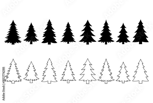 Christmas tree silhouette and outline icons set with pine and fir shapes