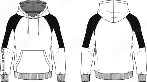 Hooded sweatshirt front and back view CAD drawing, flat vector illustration of modern raglan hoodie apparel design