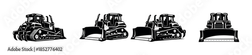 Bulldozer vector illustration set, construction equipment in flat vector style