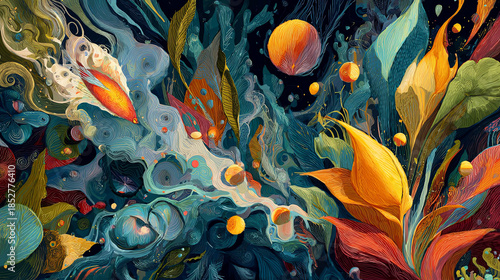 Vibrant abstract illustration featuring swirling colors, dynamic shapes, and intricate floral elements, creating a captivating visual experience of nature's beauty and energy