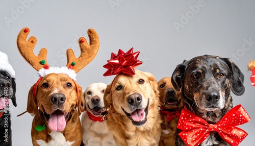 Group of happy dogs wearing festive Christmas holiday costumes, including reindeer antlers, Santa hats, and red bows, posing in a studio.