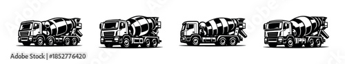 Concrete mixer trucks, flat vector illustration, construction vehicles, industrial equipment