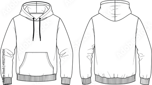Hoodie sweatshirt technical fashion illustration, front and back view apparel outline, casual clothing design template, cad drawing flat vector illustration