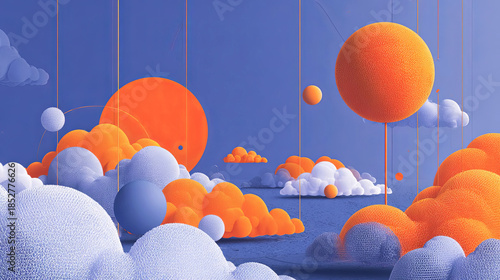 Abstract 3D illustration featuring vibrant orange spheres and soft clouds against a deep blue background, creating a whimsical and imaginative atmosphere with playful shapes