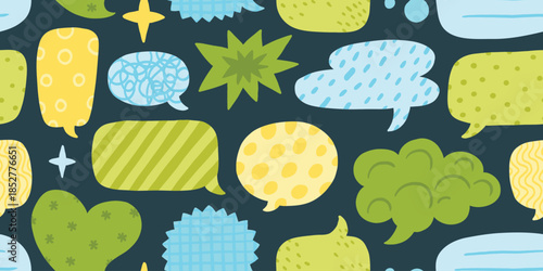 Doodle bright comments, speech cloud repeat pattern. Flat modern speech bubble seamless pattern, perfect for stationery items like notebooks, planners, and gift wrap. Perfect for social media graphics