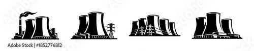 Industrial power plant scenes, cooling towers and chimneys, flat vector illustration