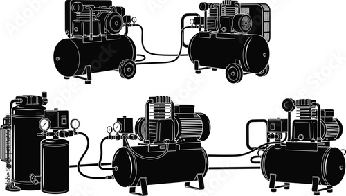 Industrial air compressor collection vector illustration, portable pneumatic machines, motor pump systems, workshop and factory equipment silhouettes, isolated black and white design