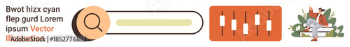 Data analysis, user interface design, education, research, digital tools, information processing. Includes a search bar, adjustment sliders person reading outside. Data analysis and user interface