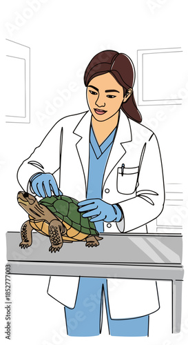 Vertical illustration of a female veterinarian examining a turtle. Animal health checkup and medical care concept. Vector line art design