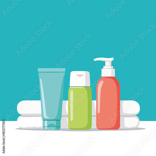 Skincare and cosmetic product set. Flat design graphic with bottles and a tube on towels. Personal care and beauty hygiene concept