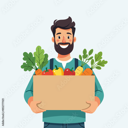 A smiling bearded farmer holding a box of fresh vegetables. Healthy organic food and local produce concept. Flat cartoon character graphic