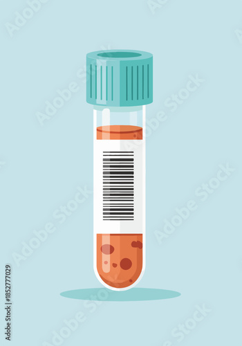 Medical blood test tube icon with barcode. Laboratory sample vial for healthcare analysis. Flat design graphic