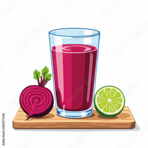Fresh beetroot juice in a glass with beet and lime ingredients. Healthy vegetable drink for detox and diet. Cartoon graphic isolated on a white background