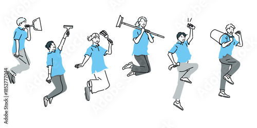 ブラシや掃除道具を持ってジャンプする清掃員ーチームワークーハウスクリーニングーベクター人物イラスト