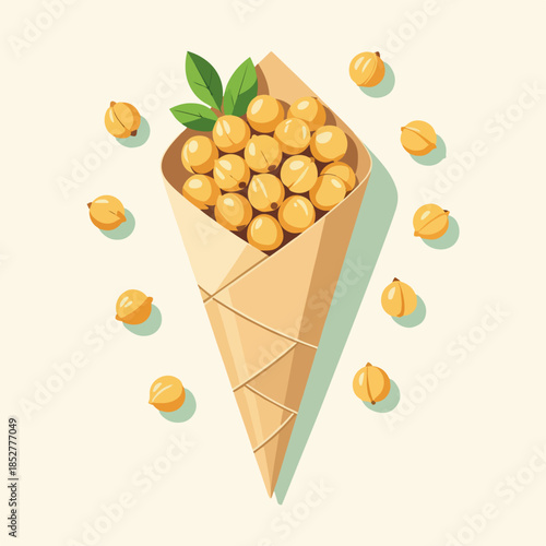 Chickpeas in paper cone vector illustration. Healthy vegetarian snack ingredient. Flat design food icon