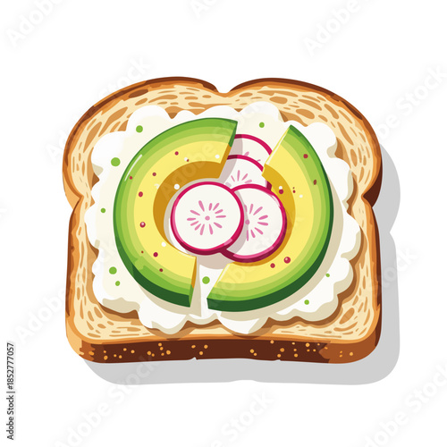 Cottage cheese toast with avocado and radish. A healthy breakfast or snack concept. Flat design food graphic isolated on a white background