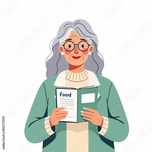 Elderly woman holding a food diary or menu. Senior nutrition and healthy diet concept. Flat design vector illustration