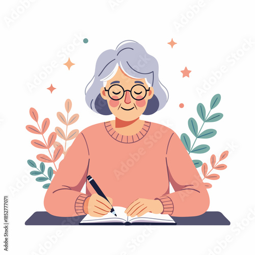 Elderly woman writing in journal. Senior lady with notebook and pen for wellness concept. Flat design vector illustration