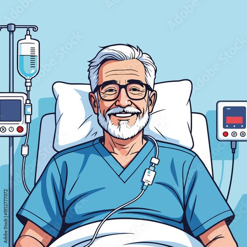 Elderly man patient in hospital bed with IV infusion. Senior male recovering with medical equipment. Vector illustration