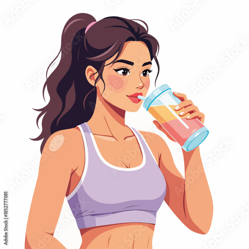 Female athlete drinking protein shake or electrolyte drink. Fitness woman holding bottle. Flat vector illustration isolated on white background