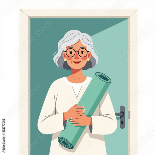 Elderly woman holding a yoga mat standing in a doorway. Active senior fitness concept. Flat vector illustration