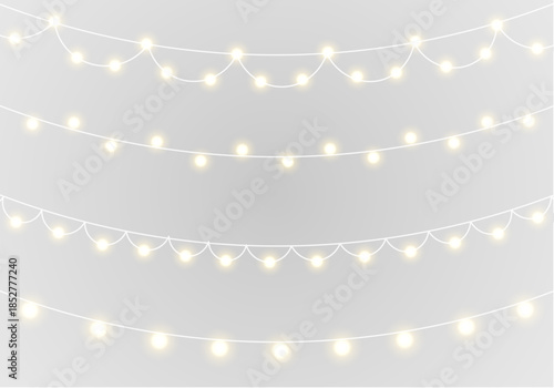 Golden Christmas lights illuminating festive mood. Soft glowing garland on transparent background. Ideal for holiday cards, banners, and print designs.