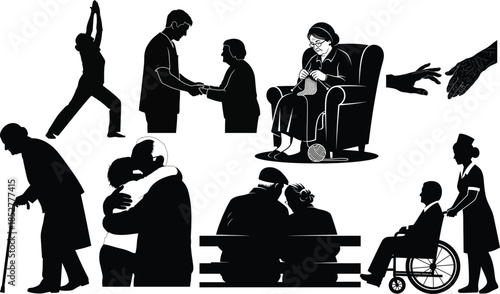 Vector illustration of business people silhouettes including a businessman and woman sitting at an office table with a computer and various stick figure pictograms of a family or couple at work