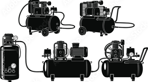 Industrial air compressor set vector illustration, portable pneumatic machines, workshop equipment silhouettes, mechanical engineering tools, isolated black and white design