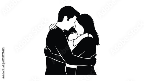 Black and white vector illustration of a loving family embracing in a simple silhouette style