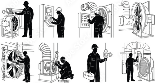 Industrial ventilation system maintenance workers operating large exhaust fans, factory machinery inspection and repair process, black and white vector illustration for engineering safety concepts