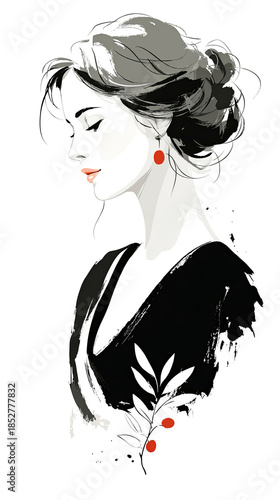 Elegant woman with a stylish updo and red earrings, adorned in a black dress, showcases a minimalist artistic illustration with floral accents and graceful lines