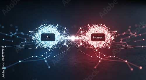 Abstract representation of ai and human intelligence connecting through a digital network