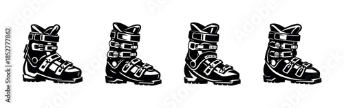 Ski boots collection, alpine equipment, mountain gear, flat vector illustration