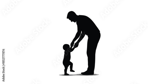 Silhouette of father gently helping a small baby take its first steps against a white background