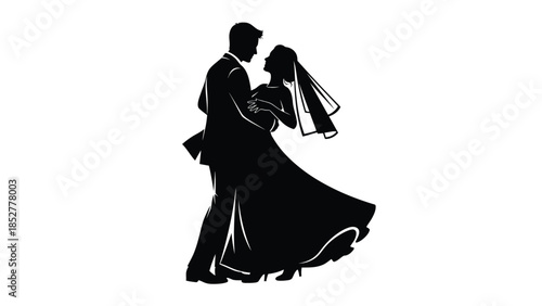 Elegant black silhouette of a bride and groom sharing a romantic first dance moment