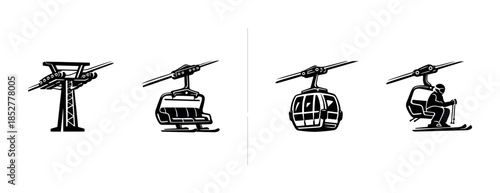 Ski lift and cable car vector illustration, flat style, winter sports, transportation