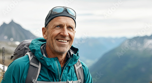 Senior man with gray hair, wearing a teal jacket and sunglasses, smiles while hiking in a mountainous landscape, showcasing adventure and outdoor exploration