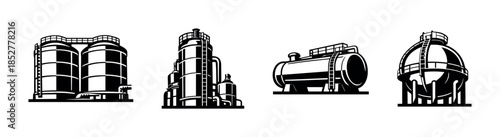 Industrial tanks and structures, flat vector illustration, gas, oil storage designs