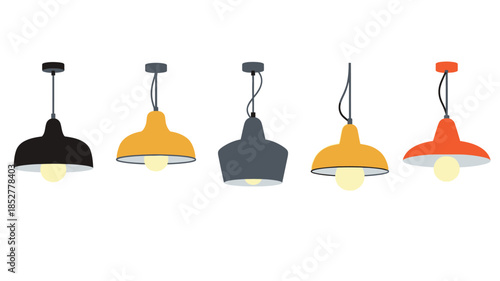A collection of colorful hanging lamps in a simple stylized illustration