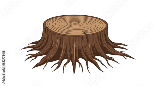A detailed illustration of a freshly cut tree stump with visible growth rings