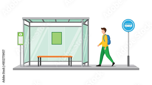 A man walking near a bus stop with a shelter and signage