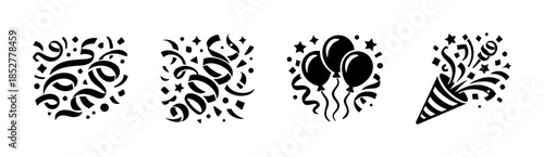 Party celebration elements, balloons, confetti, and streamers, flat vector illustration