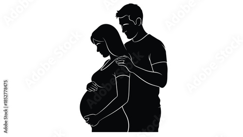 Silhouette of a caring couple embracing a pregnant woman's belly symbolizing anticipation and love