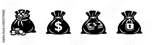 Money bag set, currency and savings icons, flat vector illustration