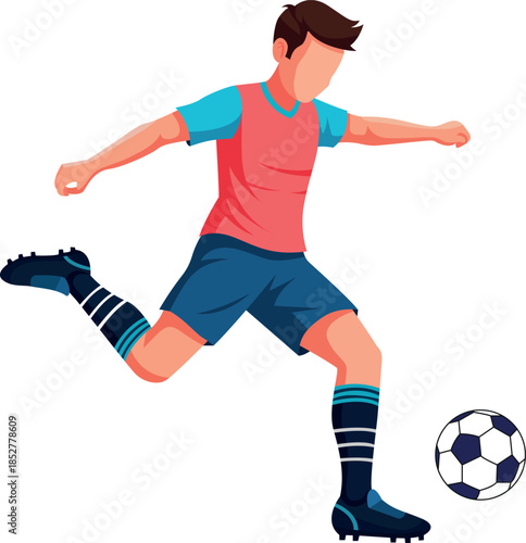 A young soccer player in action kicking the ball with energy