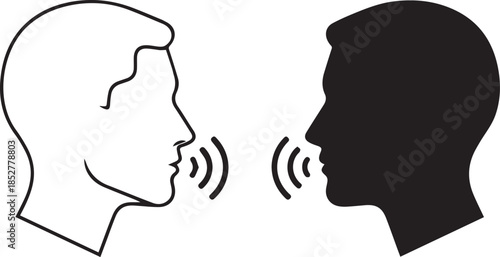 Two people conversing in black and white with speech bubbles